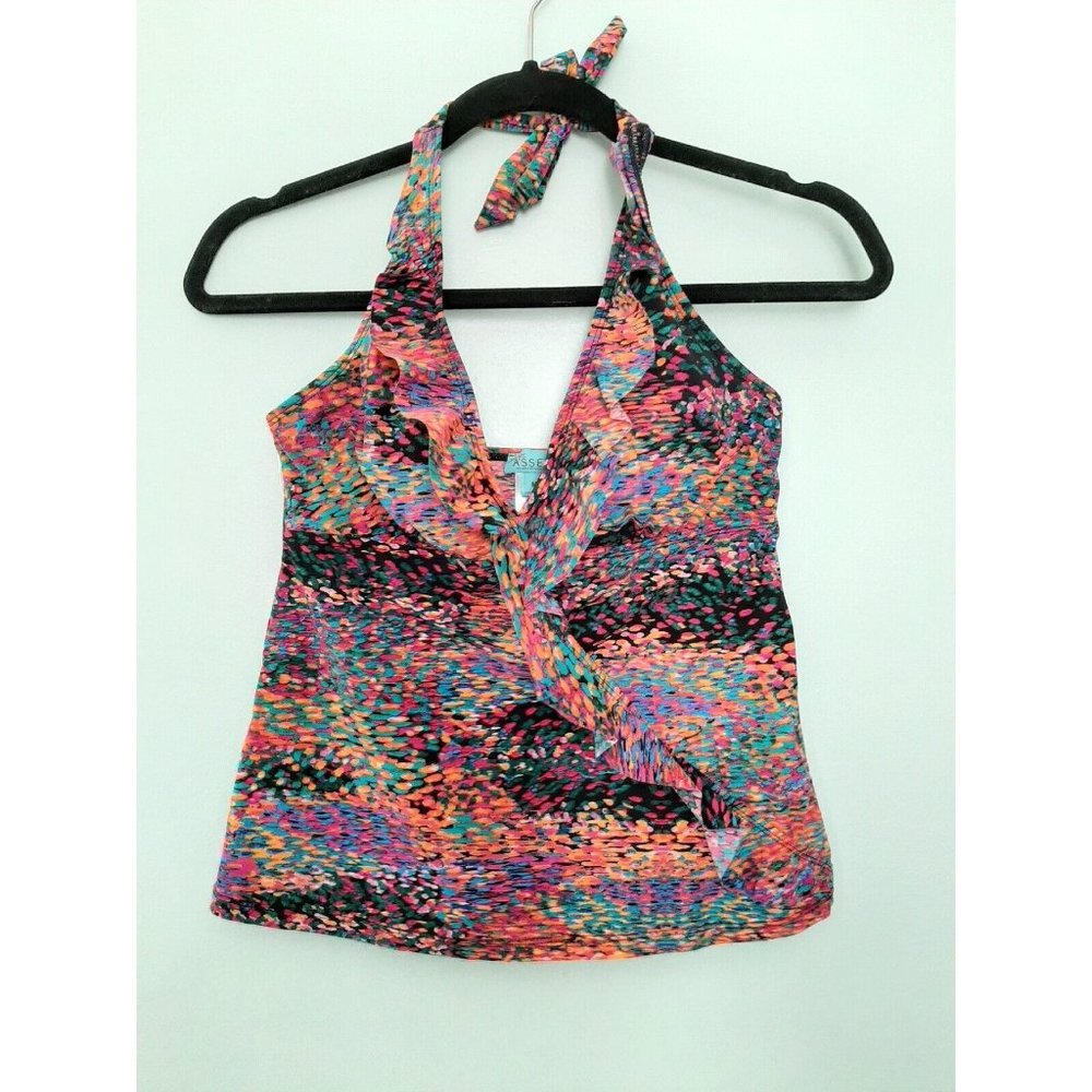 Love Your Assets Sara Blakely Spanx Halter Control Top Ruffle Rainbow Deep V